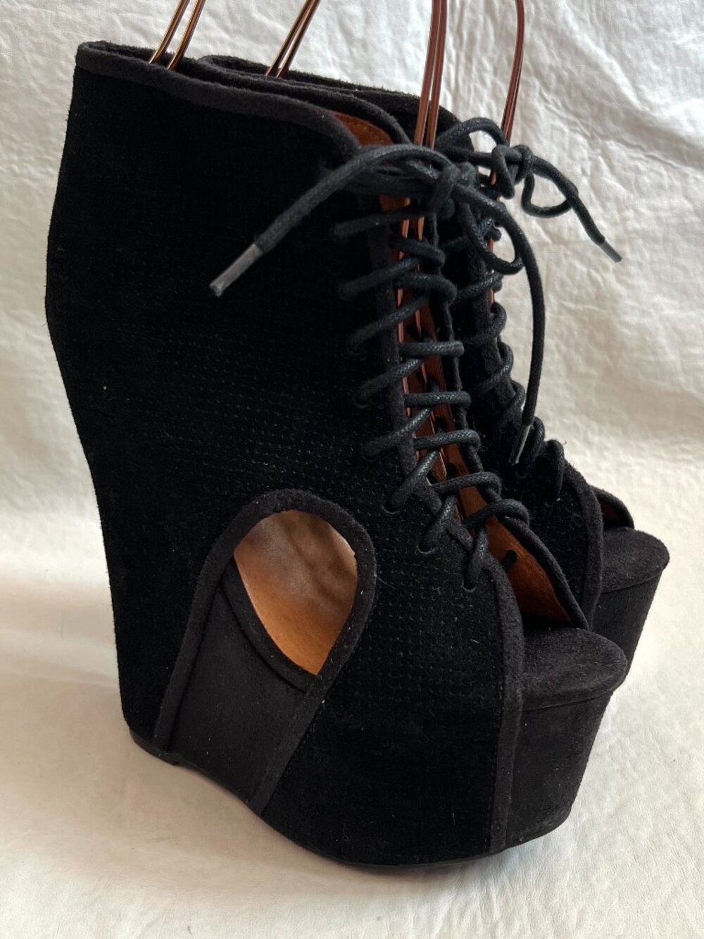 Jeffrey Campbell platform boots womens 7 Roks Hi black suede lace up peep toe
